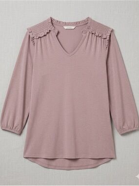 Beacon Apparel Heather Purple Ruffle Top Large Feminine 3 4 Sleeve Cotton Modal
